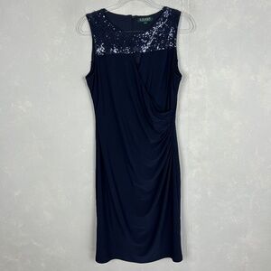 Ralph Lauren size 12 sheath ruched dress navy sequin keyhole stretch knee length